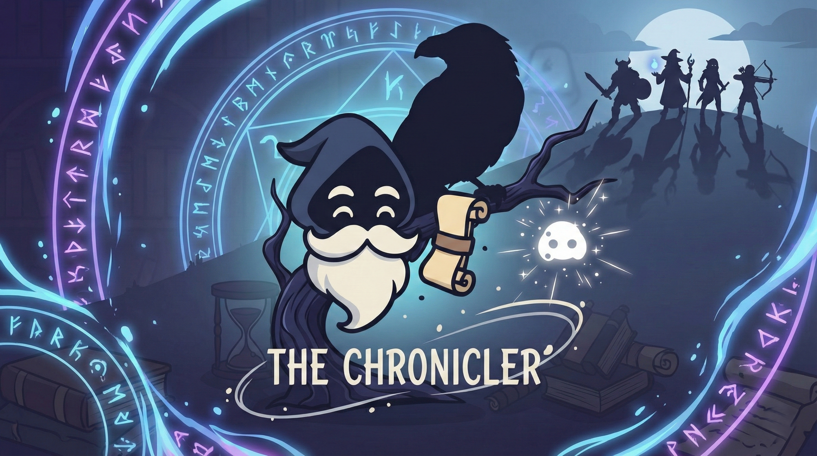 The Chronicler — adventurers silhouetted against a runic portal